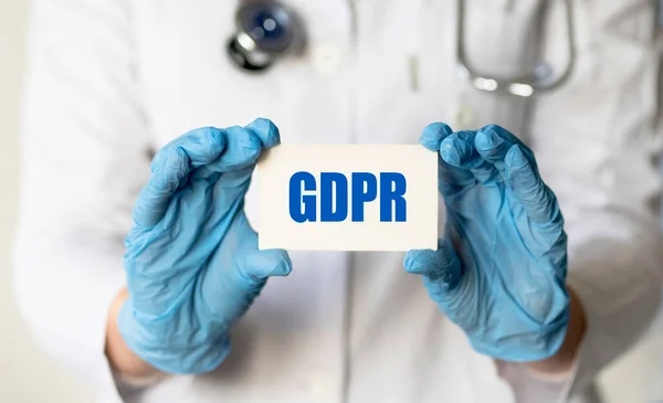Medical Worker Gloves Holds Card Words Gdpr General Data Protection — Stock Photo, Image