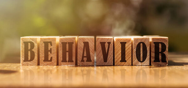 Word BEHAVIOR made with building wooden blocks on table in sunlight.