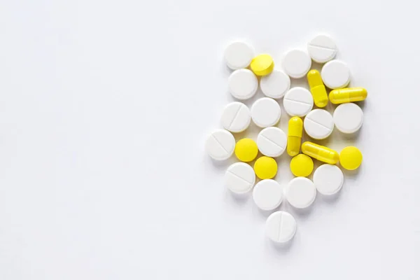 Weiße Pille Medizin Makro Medizinischer Hintergrund Nahaufnahme Von Gelben Weißen — Stockfoto