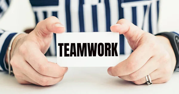 Teamwork Woman Holding Card Message Text Written — Stock Photo, Image