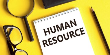 Sarı arka planda, bir gözlük, bir büyüteç ve bir kalem ile İnsanoğlu Rehberi yazılı bir not. İş konsepti.