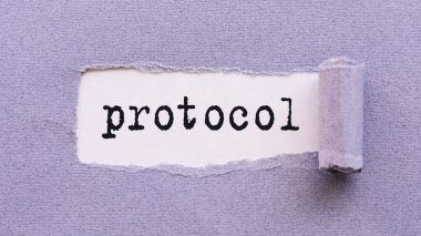 ProTOCOL metni, beyaz arkaplan üzerindeki yırtık leylak kağıdında görünür.