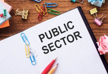 Üzerinde renkli ataçlar ve buruşuk kağıtlarla PUBLIC SECTOR metni olan not.
