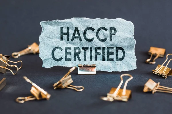Scrap Blue Paper Clips Gray Background Text Haccp Certified — Stock Photo, Image