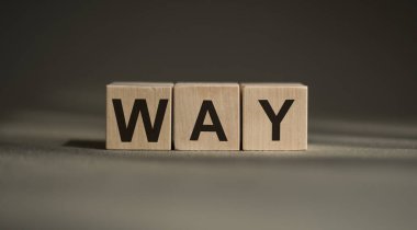 A wooden blocks with the word WAY written on it on a gray background.