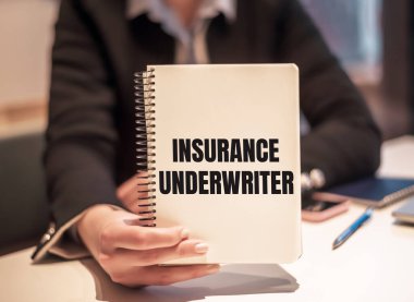 Business woman holds a notebook with the text INSURANCE UNDERWRITER. clipart