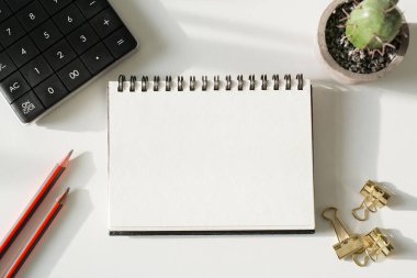 Üst görünüm açık defter, hesap makinesi, kalem ve bitki beyaz masa arkaplanına yerleştirilmiş