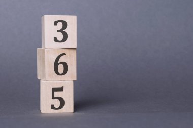 365 - metin, tahta bloklara yazılmış, gri arka planda. 365 yeni gün.