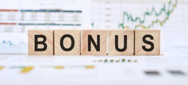 BONUS 'un finansal grafiklerin ve grafiklerin arka planındaki ahşap yapı taşlarından yaptığı kelime.