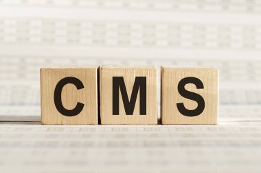 CMS kısaltması - içerik yönetim sistemi, hafif arkaplan üzerindeki tahta küpler.