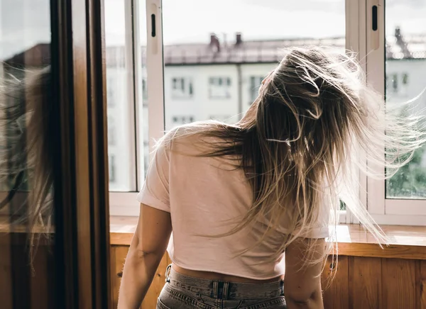 Young Pretty Dark Haired Girl Dancing Window — Fotografia de Stock