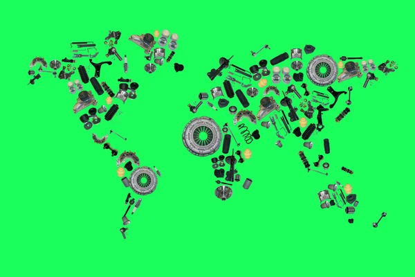 Dünya Haritası--dan çok araba yedek parça üzerinde yeşil arka plan izole — Stok fotoğraf