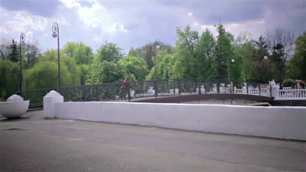 People walking on a bridge — Stock Video