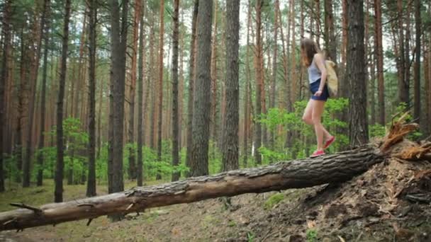 Jong meisje met een rugzak in het bos — Stockvideo