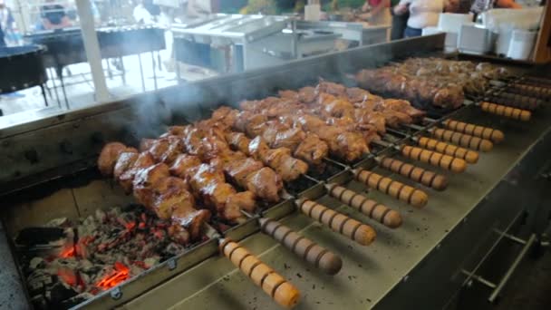 Juicy kebabs on skewers rotate — Stock Video