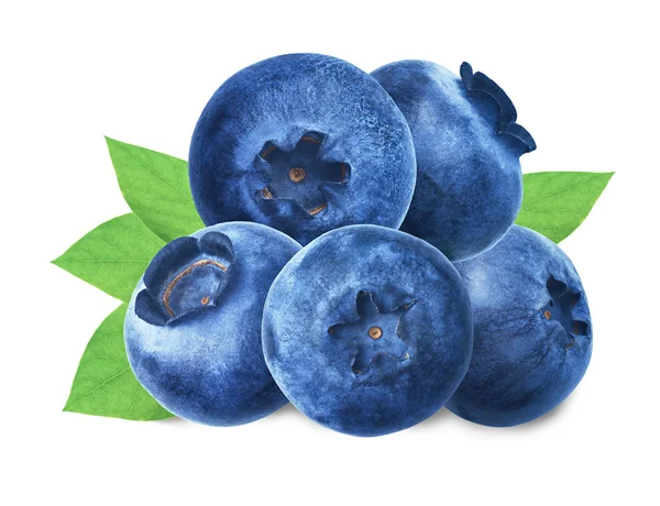 Blueberries with green leaves on white background — Stock Photo, Image