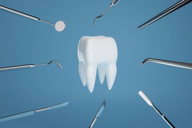 Mavi arka planda dişçi aletleri olan bir diş resmi. 3B görüntüleme.