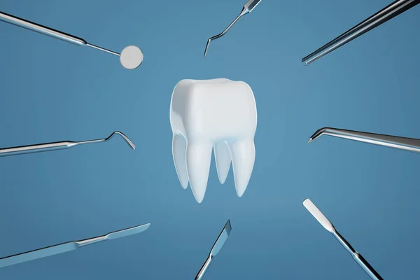 Imagem de um dente em um fundo azul com um dentistas ferramentas. Renderização 3D. — Fotografia de Stock