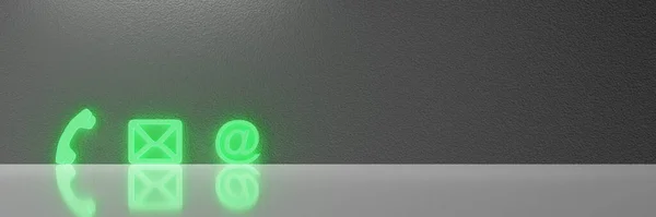 Zöld Népszerű Kapcsolat Web Icons az asztalon a tükröződő íróasztal ellen szürke fal. 3D renderelés — Stock Fotó