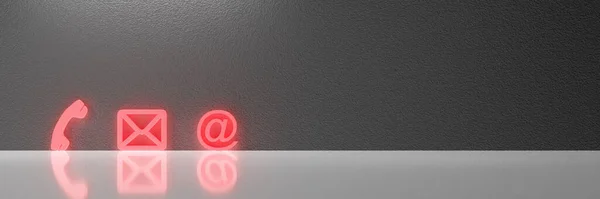 Red Popular Contact Web Icons On Desk Over The Reflective Desk Against Gray Wall. 3D rendering — Stock Photo, Image