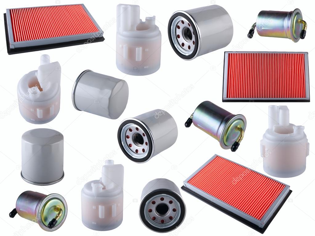 Many car filters isolated on White Background. Automobile spare part