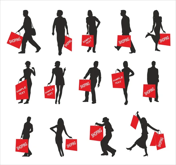 Vector silhouettes of shopping people — Stock Vector