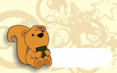 Sevimli yavru sincap çizgi film karakteri elinde bir kitap arkaplanı çizimi tutuyor.