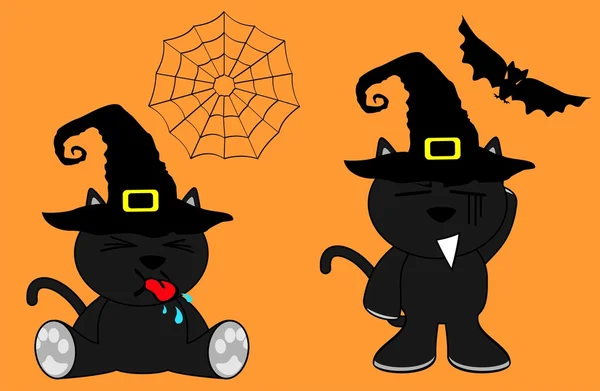Svart katt halloween tecknad set4 — Stock vektor