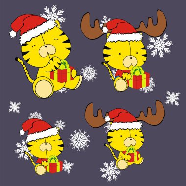 Xmas sevimli kaplan bunny claus şapka çizgi film seti