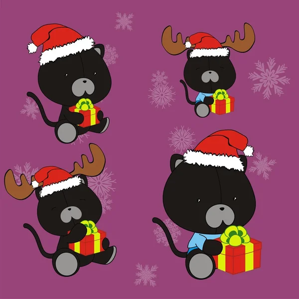 Xmas söt baby black cat claus hatt cartoon set — Stock vektor