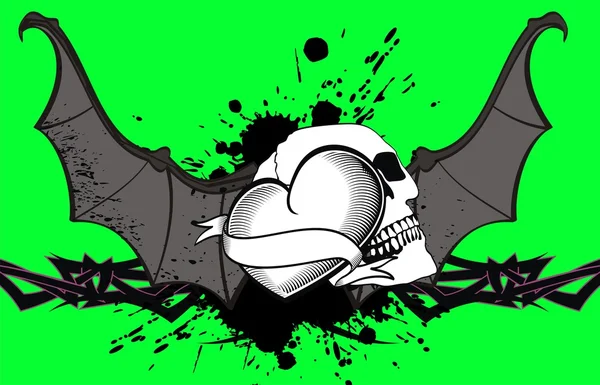 Srdce okřídleného netopýra lebka tetování background9 — Stockový vektor