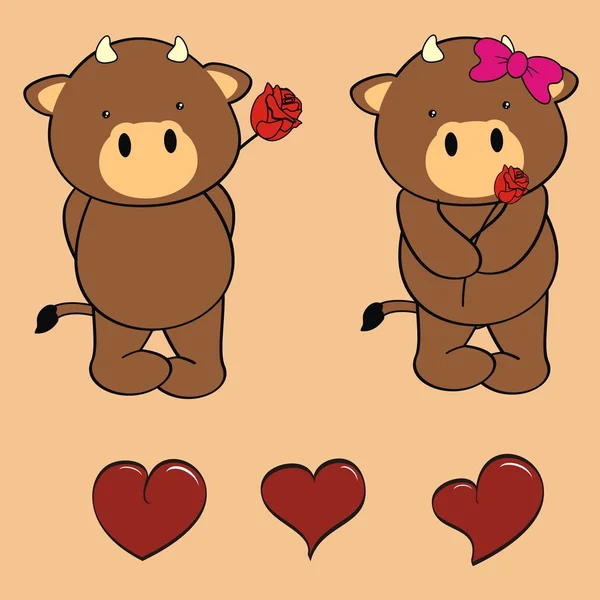Cute bull love cartoon valentine set — Stock Vector