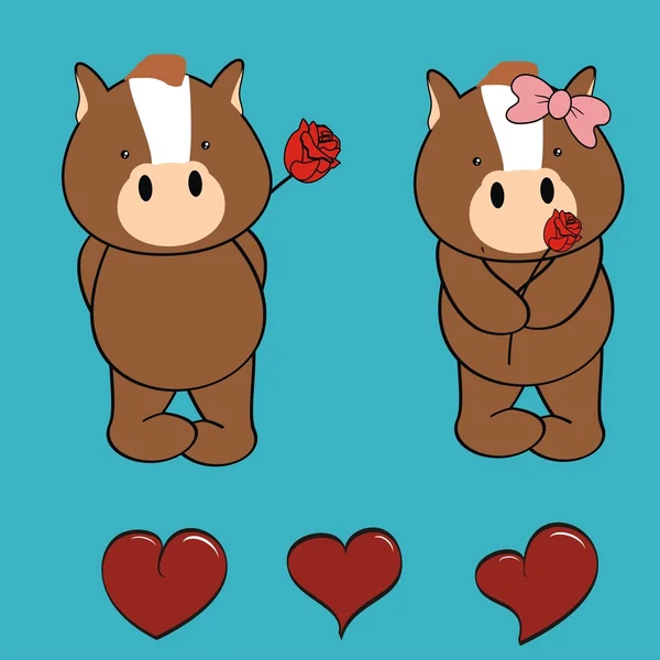 Cute horse love cartoon valentine set — Stock Vector