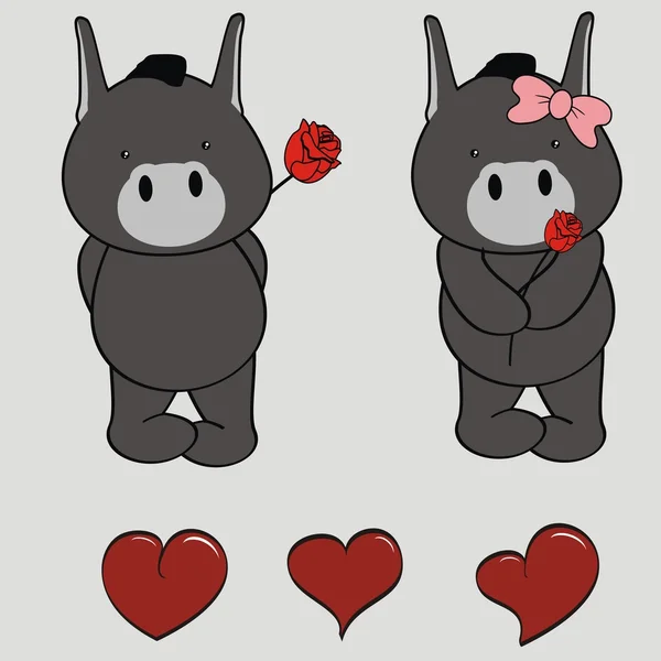 Cute donkey love cartoon valentine set — Stock Vector