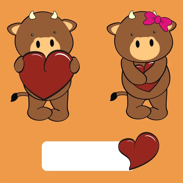 Cute bull girl and boy valentine cartoon set — Stock Vector