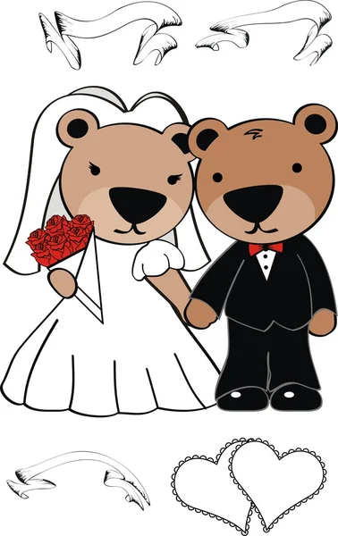 Niedlichen Teddybär verheiratet Karikatur — Stockvektor