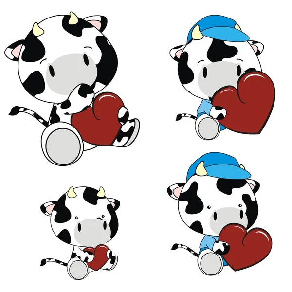 Cute baby cow love heart set — Stock Vector