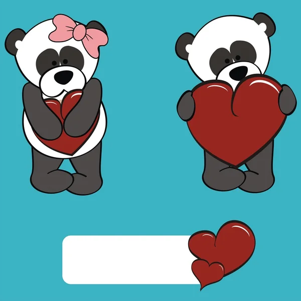 Aranyos fiatal panda medve rajzfilm Valentin szív szett — Stock Vector