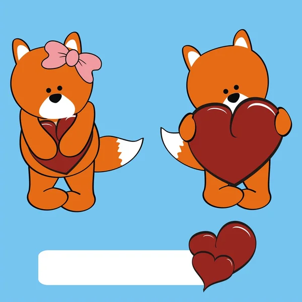 Roztomilý mladý fox Kreslený Valentýna srdce sada — Stockový vektor