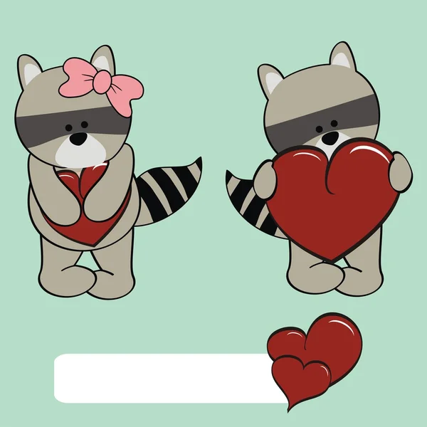 Söt ung tvättbjörn cartoon valentine hjärta set — Stock vektor