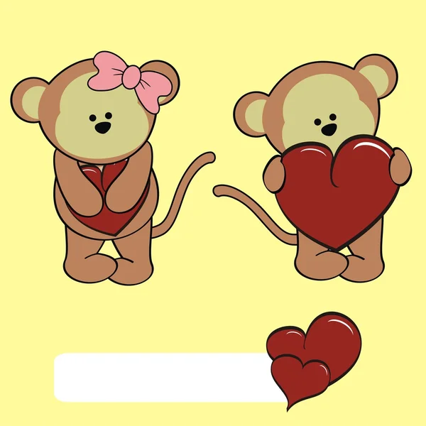 Cute young monkey cartoon valentine heart set — Stock Vector