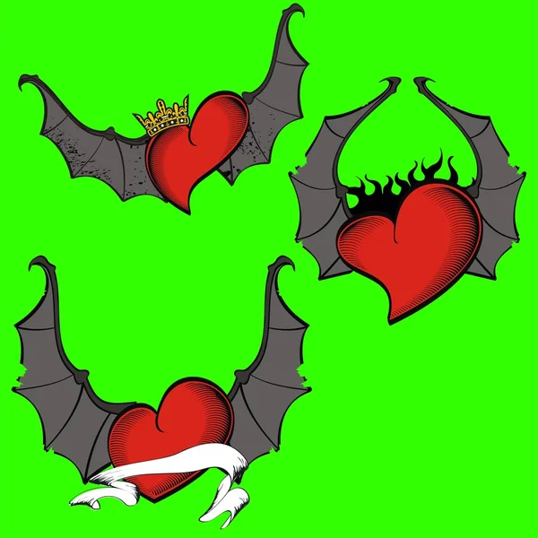 Asas de morcego coração tatuagem set00 —  Vetores de Stock