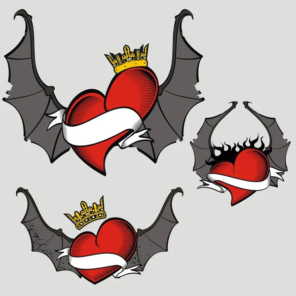 Bat vingar hjärtat tatuering set1 — Stock vektor