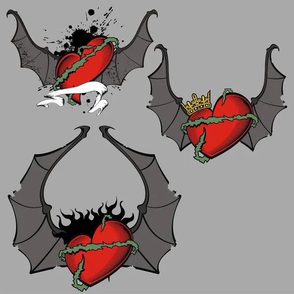 Bat vingar hjärtat tatuering set8 — Stock vektor