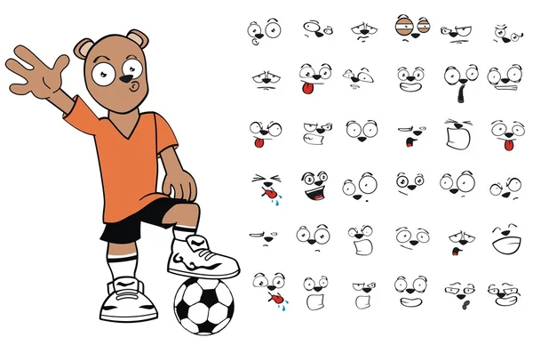 Joven oso dibujos animados fútbol uniforme expresiones conjunto — Archivo Imágenes Vectoriales