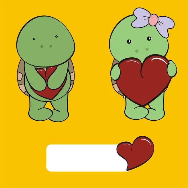 Dulce bebé tortuga dibujos animados San Valentín conjunto — Archivo Imágenes Vectoriales