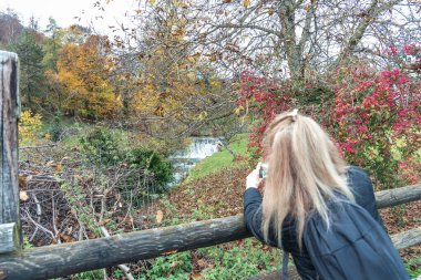 Kadın cep telefonuyla ormanda bir derenin köprüsünden fotoğraf çekiyor.