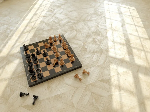 Chess on wood floor — Stock Photo, Image