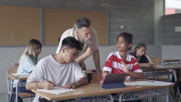 Przyjazny wykładowca z brodą pomagający azjatyckiemu uczniowi w klasie. Pomocny namiętny nauczyciel wyjaśniający ćwiczenia egzaminacyjne wieloetnicznym nastolatkom podczas wykładu Liceum — Wideo stockowe