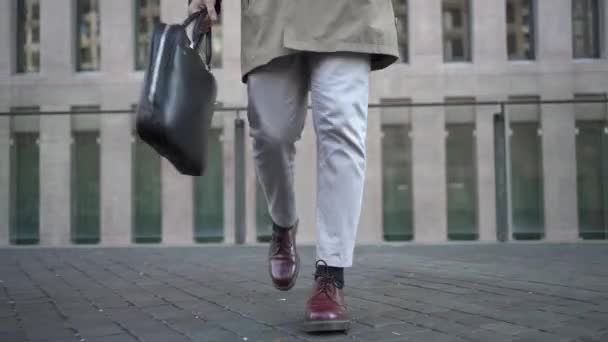 Giovane uomo d'affari alla moda che cammina in un moderno quartiere degli affari aziendali con valigetta in pelle mentre parla al cellulare. Professionista esecutivo casuale avendo conversazione telefonica in città — Video Stock